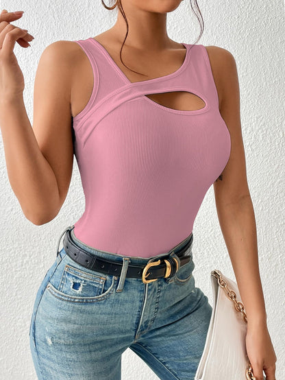Sugathari Womens Peach Cut Out Asymmetrical Neck Rib Knit Jeans Korean Trendy Tank Western Tops for Women Stylish (T-Shirt 182