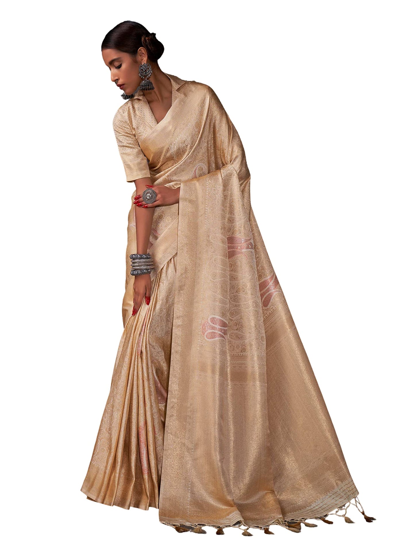 Vardha WomenS Kanchipuram Art Silk Saree With Unstitched Blouse Piece - Gold Copper Silver Zari Woven Work Sarees For Wedding (