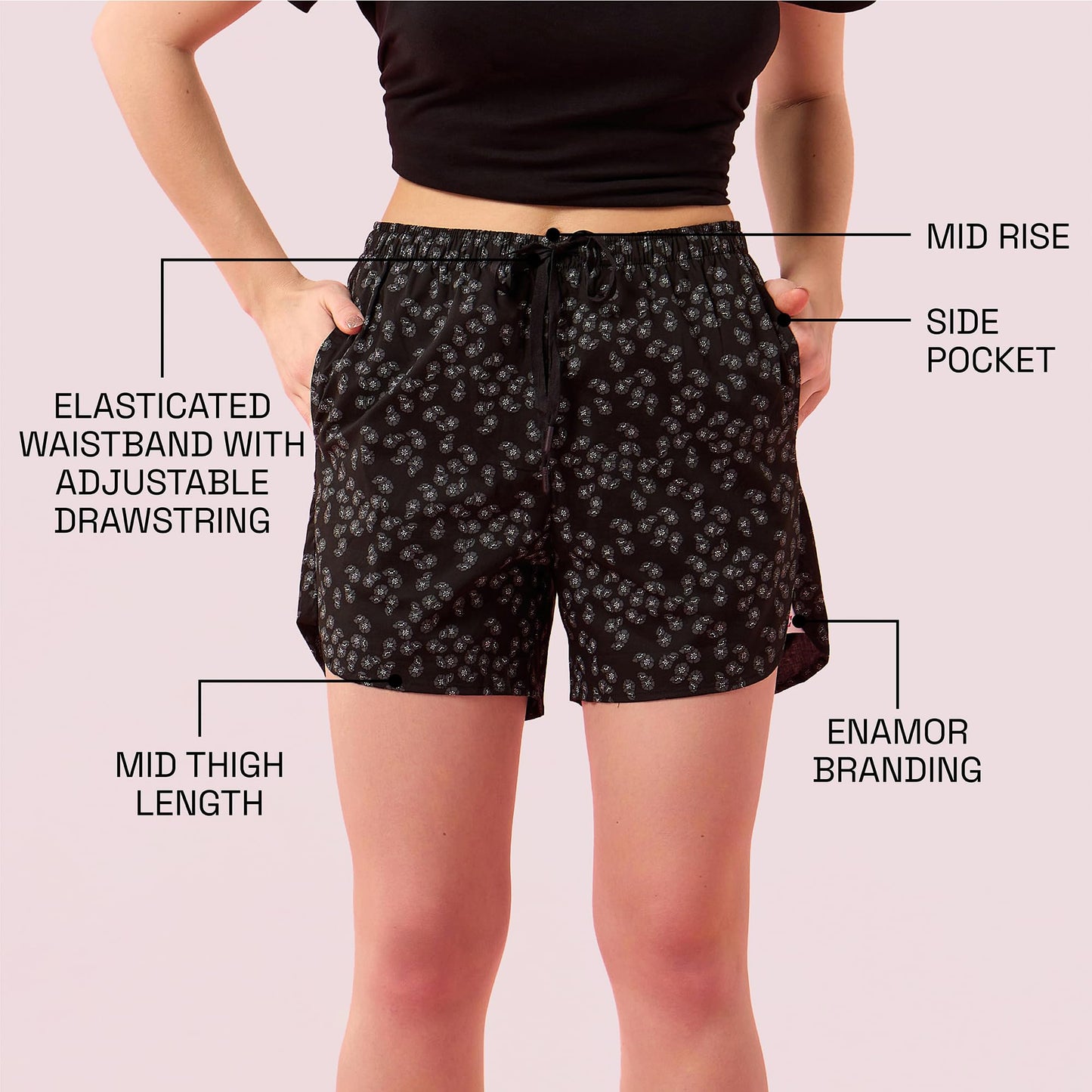 Enamor Womens Boxer Shorts (E7A1_Black Floral Print