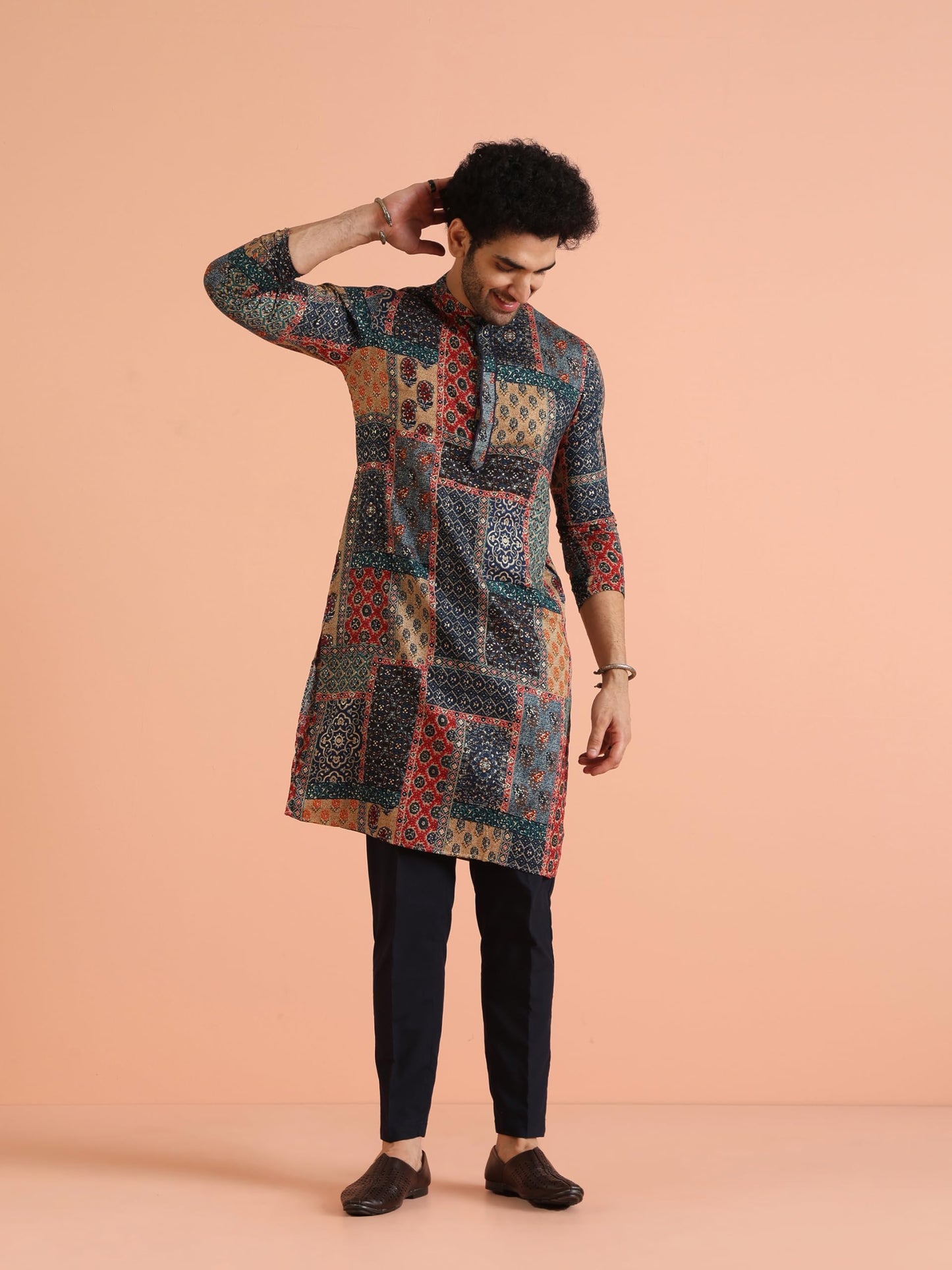 Kisah Men Multi-Color Kurta, Cotton, Full Sleaves, Knee Length, Straight, Regular Fit, Mandarin Collar Ethnic Wear