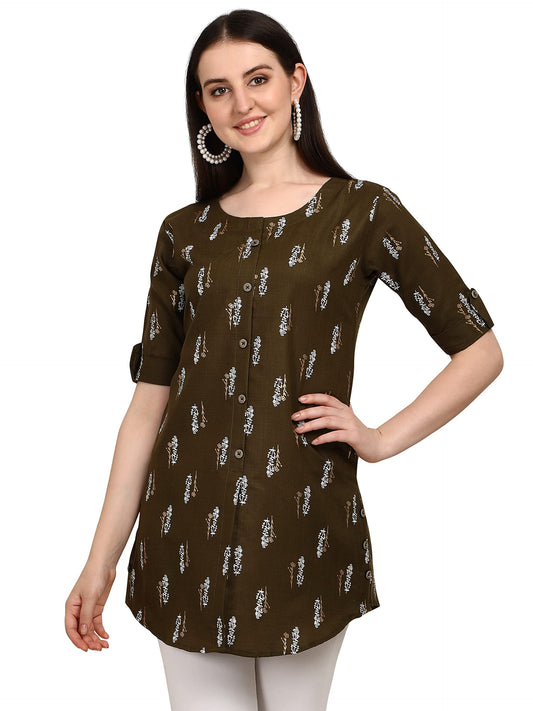 Leriya Fashion Rayon Fabric Printed Round Neck Short Kurtis For Women Top Dresses Kurti For Girls & Ladies Kurtis (Xx-Large, Bro