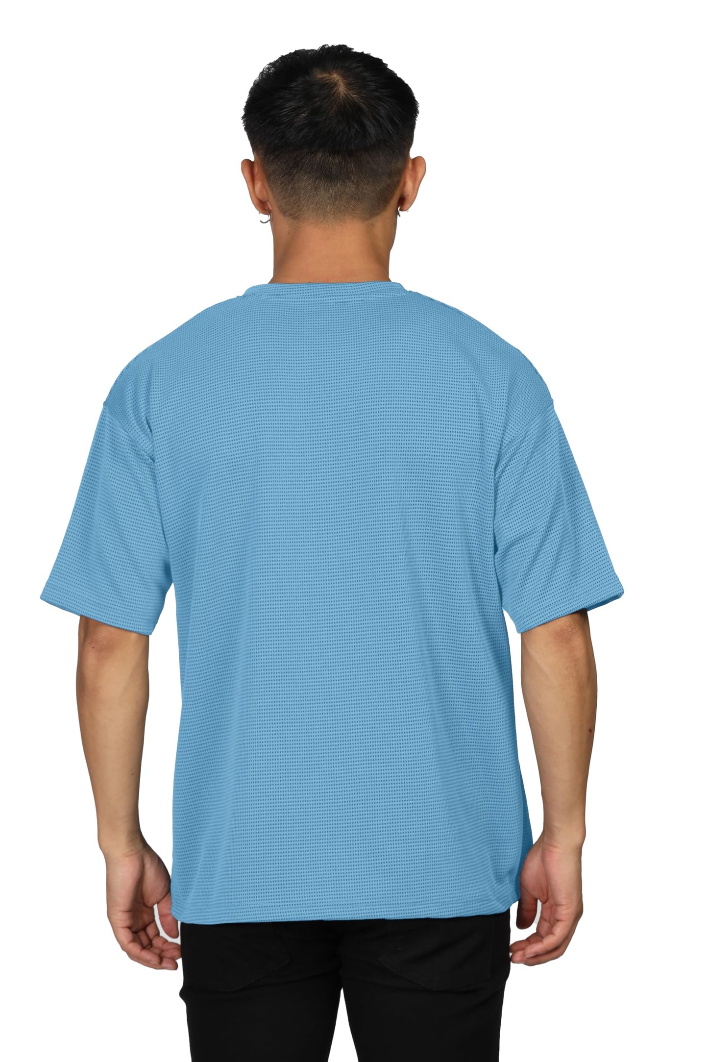 SHODOX Mens Solid Dotted Unique Design Oversized Tshirt for Men - Round Neck Loose Fit Drop Shoulder Mens T-Shirt Light Blue
