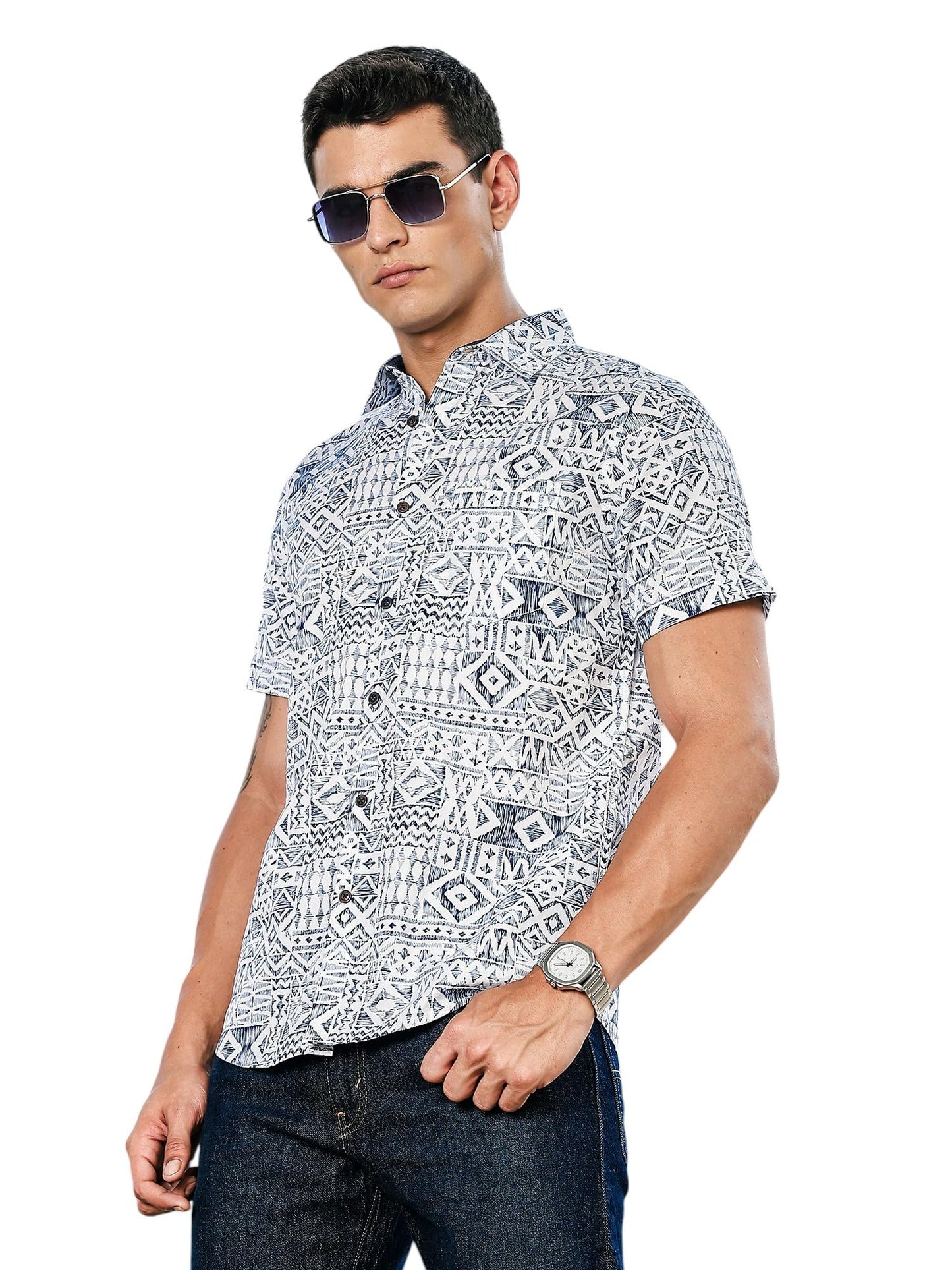 Thomas Scott Mens | All Over Printed | Spread Collar | 100% Cotton | Short Sleeve | Shirts for Men (Available in Plus Size) Blu