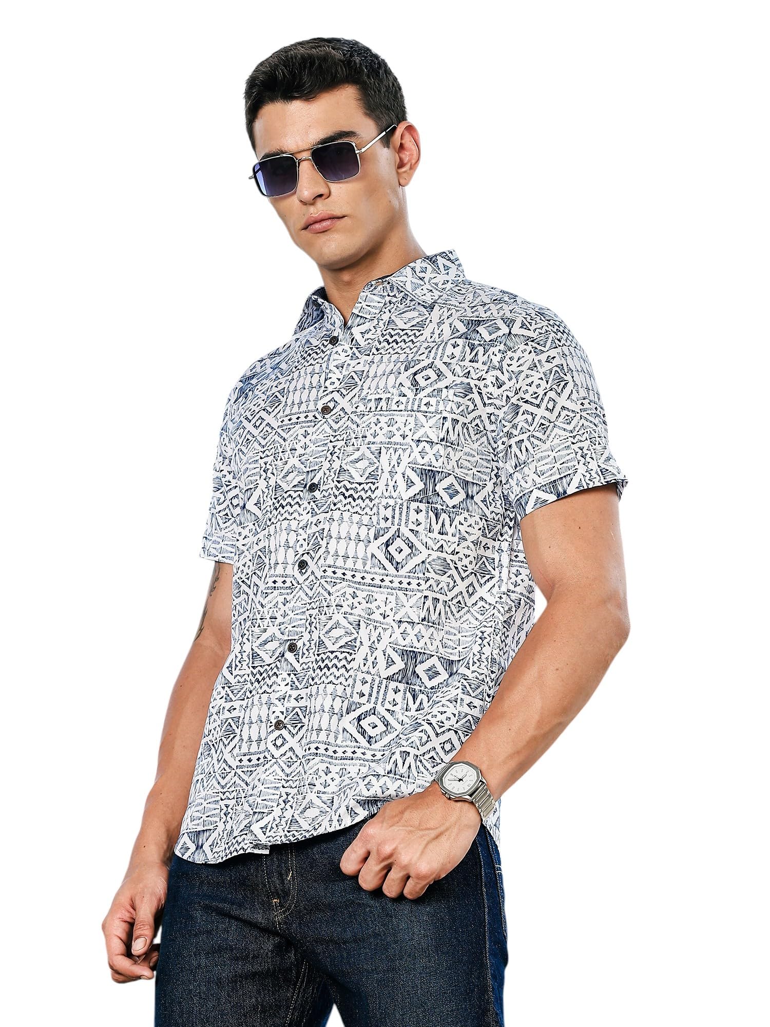 Thomas Scott Mens | All Over Printed | Spread Collar | 100% Cotton | Short Sleeve | Shirts for Men (Available in Plus Size) Blu