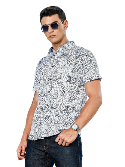 Thomas Scott Mens | All Over Printed | Spread Collar | 100% Cotton | Short Sleeve | Shirts for Men (Available in Plus Size) Blu