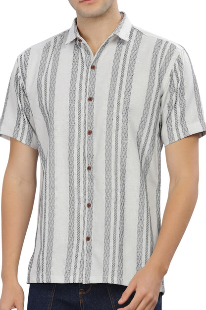 Mildin MenS Cotton Blend Striped Printed Shirt With Spread Collared Neck Half Sleeve Button Closure Regular Fit Straight Standa