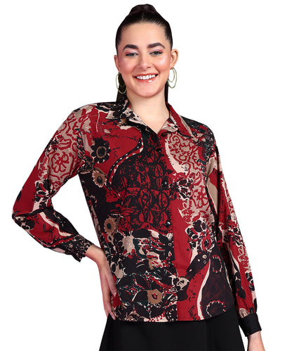 POPWINGS Printed Full-Sleeves Regular-Fit Polyester Printed Shirt for Women Stylish Western Casual Wear