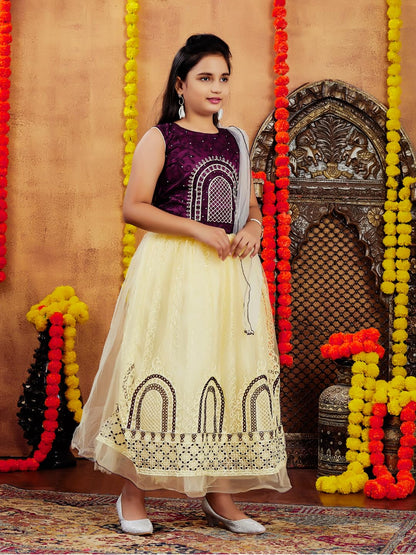 Aarika Girls Ethnic Wear Purple-Beige Colour Thread Embroidery Net Lehenga Choli Set (4-10 Years)