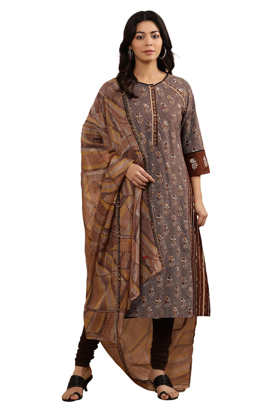 W for Woman W Women Brown Printed Viscose A-Line Kurta set with Churidar & Dupatta