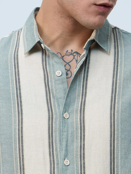 The Souled Store Stripes Shirt: Jade Haze Men and Boys Short Sleeves Collared Neck Cotton Linen Blend Regular Fit Casual Cotton