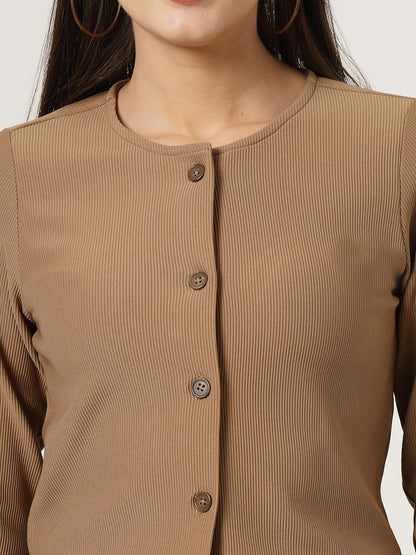 Style Quotient Women Tan Solid Rib Regular Fit Shrug