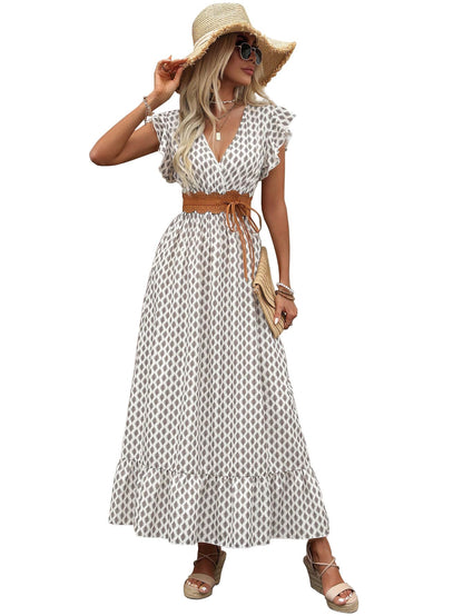 Shasmi WomenS & GirlS White Coffee V-Neck Printed Dress With Ruffled Hem And Belted Waist For Vacation, One Piece Maxi For Wom