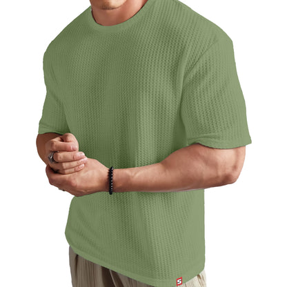 SHODOX Mens Solid Dotted Unique Design Oversized Tshirt for Men - Round Neck Loose Fit Drop Shoulder Mens T-Shirt Green