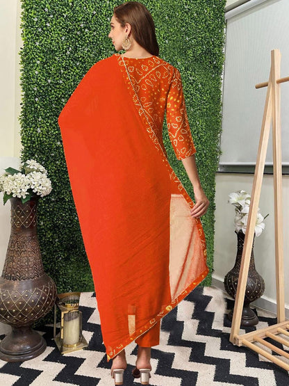 GoSriKi Women's Kurta Bandhej Straight Printed Rayon Blend Set, Large, Orange, Model TURAE-RED-G8S