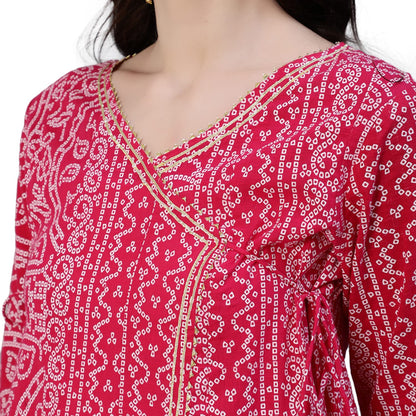 ishin Women's Pure Cotton Anarkali Embroidered Gotta Patti Bandhani print Pink Kurta suit set with Trouser