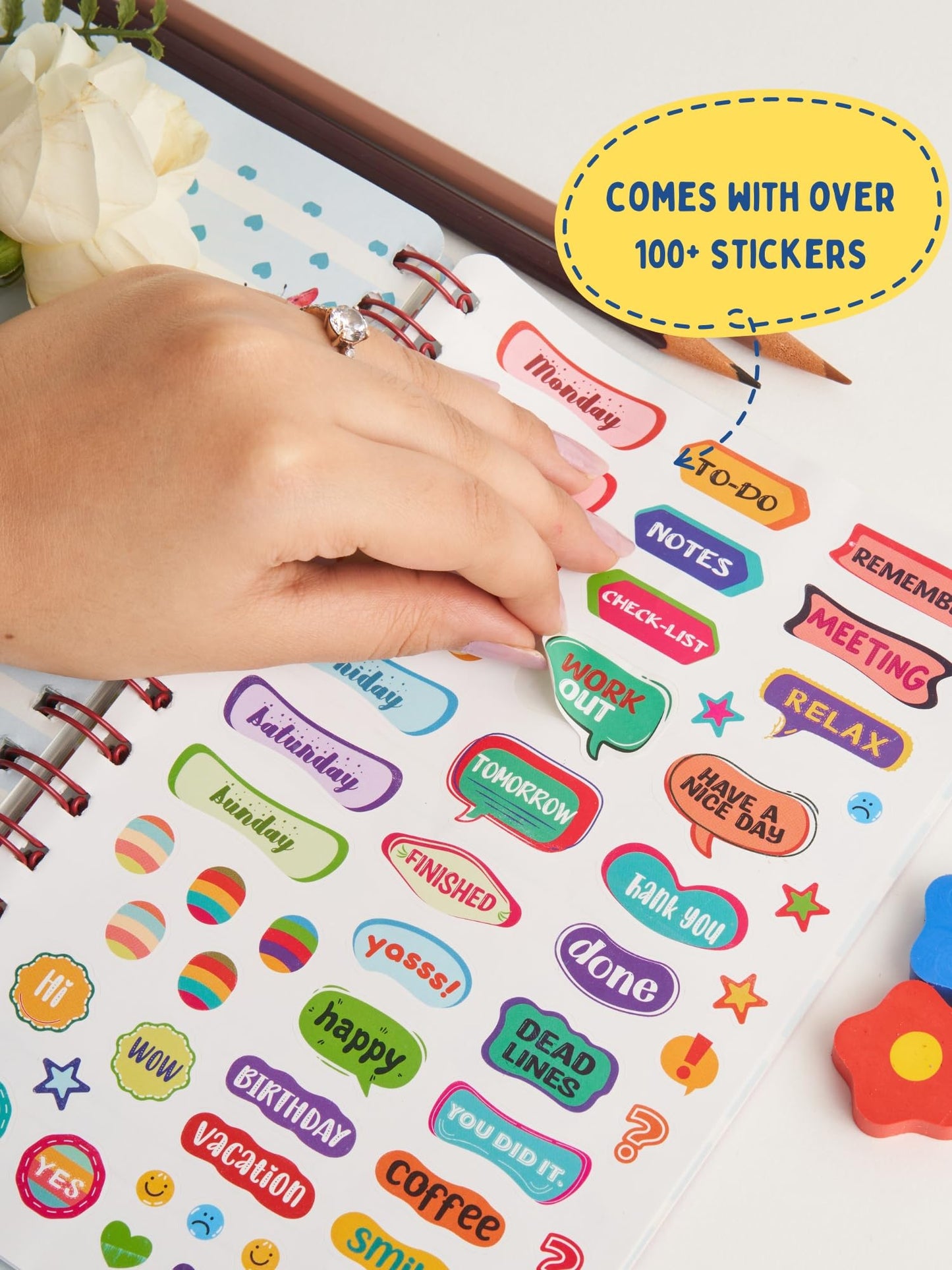 Doodle | The Happiness 2024 Wiro Bound Planner with 100+ Stickers | A5 | Hard Bound | Undated | Yearly, Monthly, Daily Planner D
