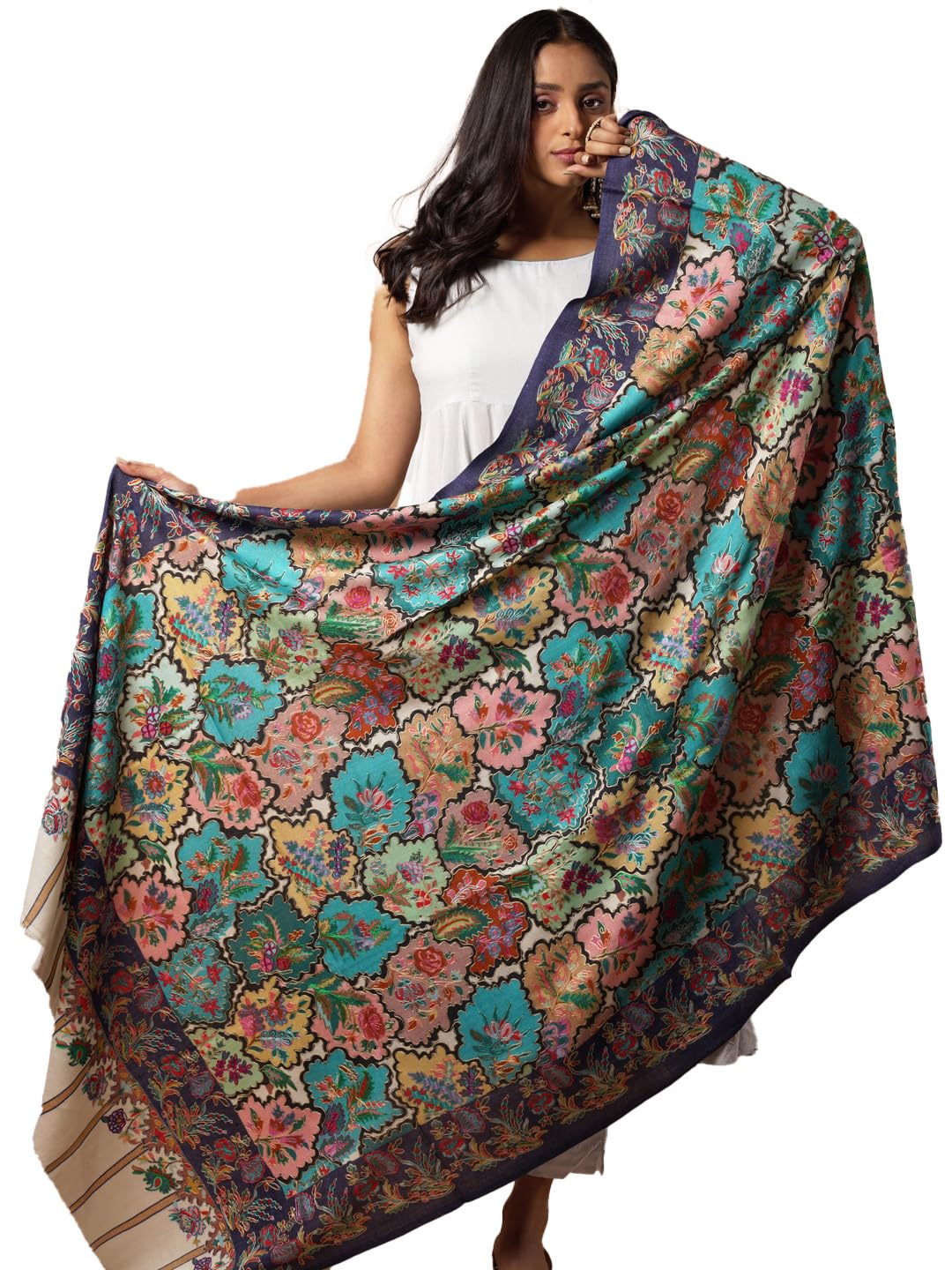Pashmoda Women Noor Pure Wool Kalamkari Hand Embroidered Shawl (Size: 101 X 203 Cms)