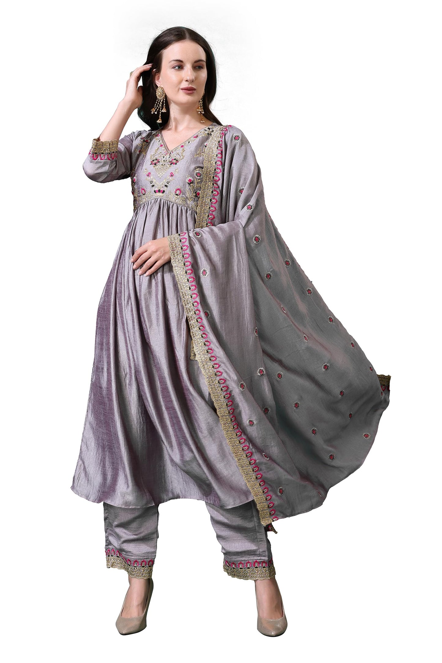 Pratham Blue WomenS Silk Embroidered Anarkali Kurta Palazzos With Dupatta |Kurta Sets For Women |Women Kurta |Women Embroidered