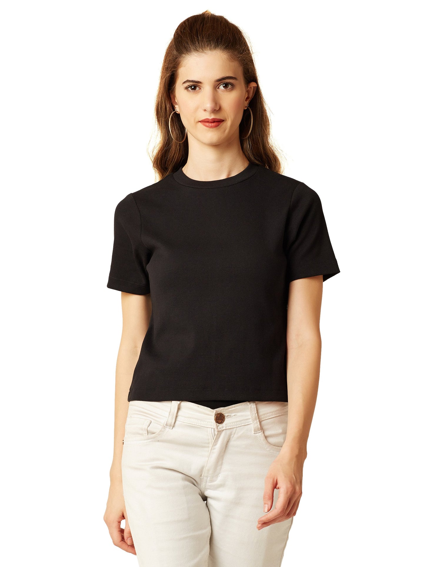 Miss Chase WomenS Maroon Round Neck Short Sleeves Solid Slim Fit Ribbed Top (Mcaw17Tp10-13-62-02, Black, X-Small)