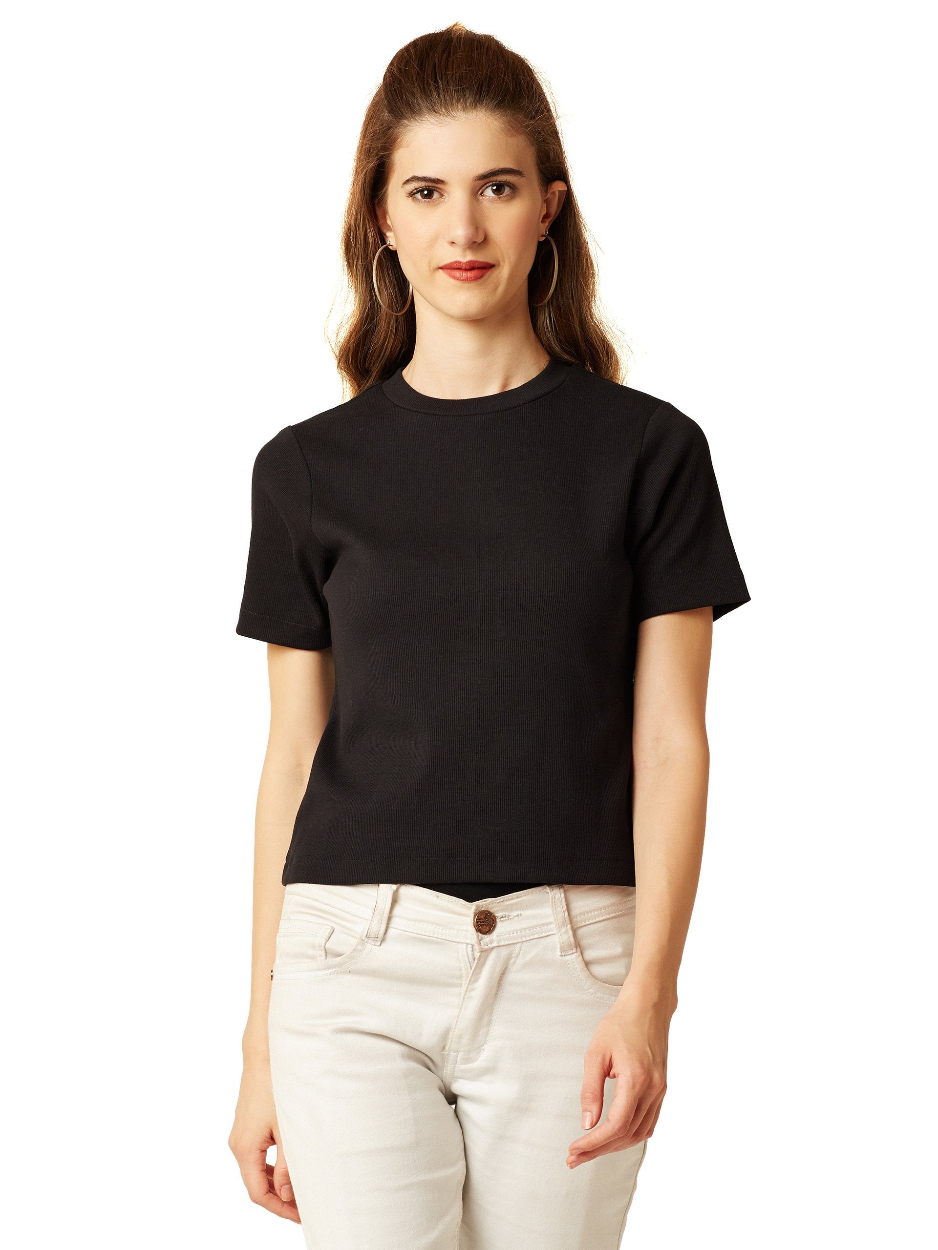 Miss Chase WomenS Maroon Round Neck Short Sleeves Solid Slim Fit Ribbed Top (Mcaw17Tp10-13-62-02, Black, X-Small)