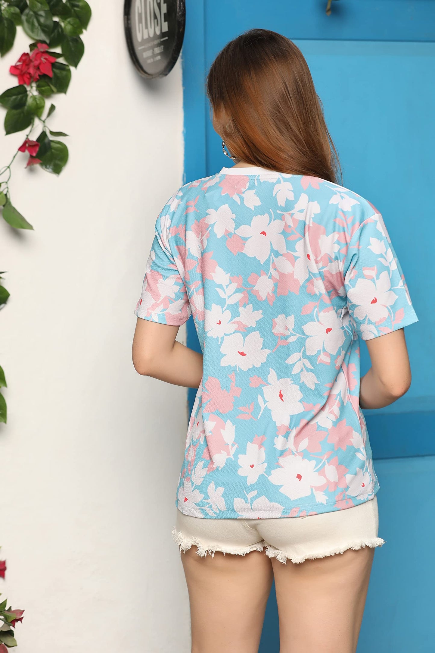 OM SAI LATEST CREATION Womens Lycra Casual Flower Printed Half Sleeve Western Top for Women/Girls Night wear Top (X-Small, Pink