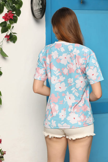 OM SAI LATEST CREATION Womens Lycra Casual Flower Printed Half Sleeve Western Top for Women/Girls Night wear Top (X-Small, Pink