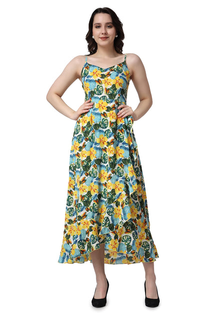 Popwings Casual Floral Printed Maxi Length Fit & Flare Dress For Women || Summer Dress For Women || Flare Maxi Dress For Women S