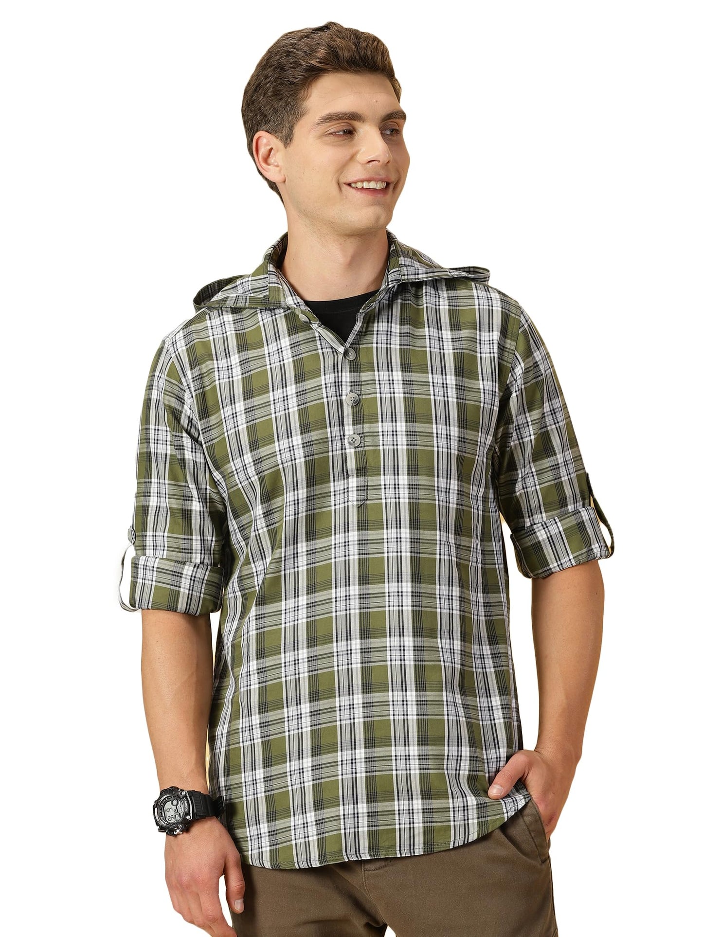 Thomas Scott 100% Cotton Checkred Hodiee Half Placket Shirts for Mens