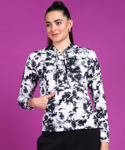 POPWINGS Women Casual Black & White Tie & Dye Printed Pocket Hooded Sweatshirt