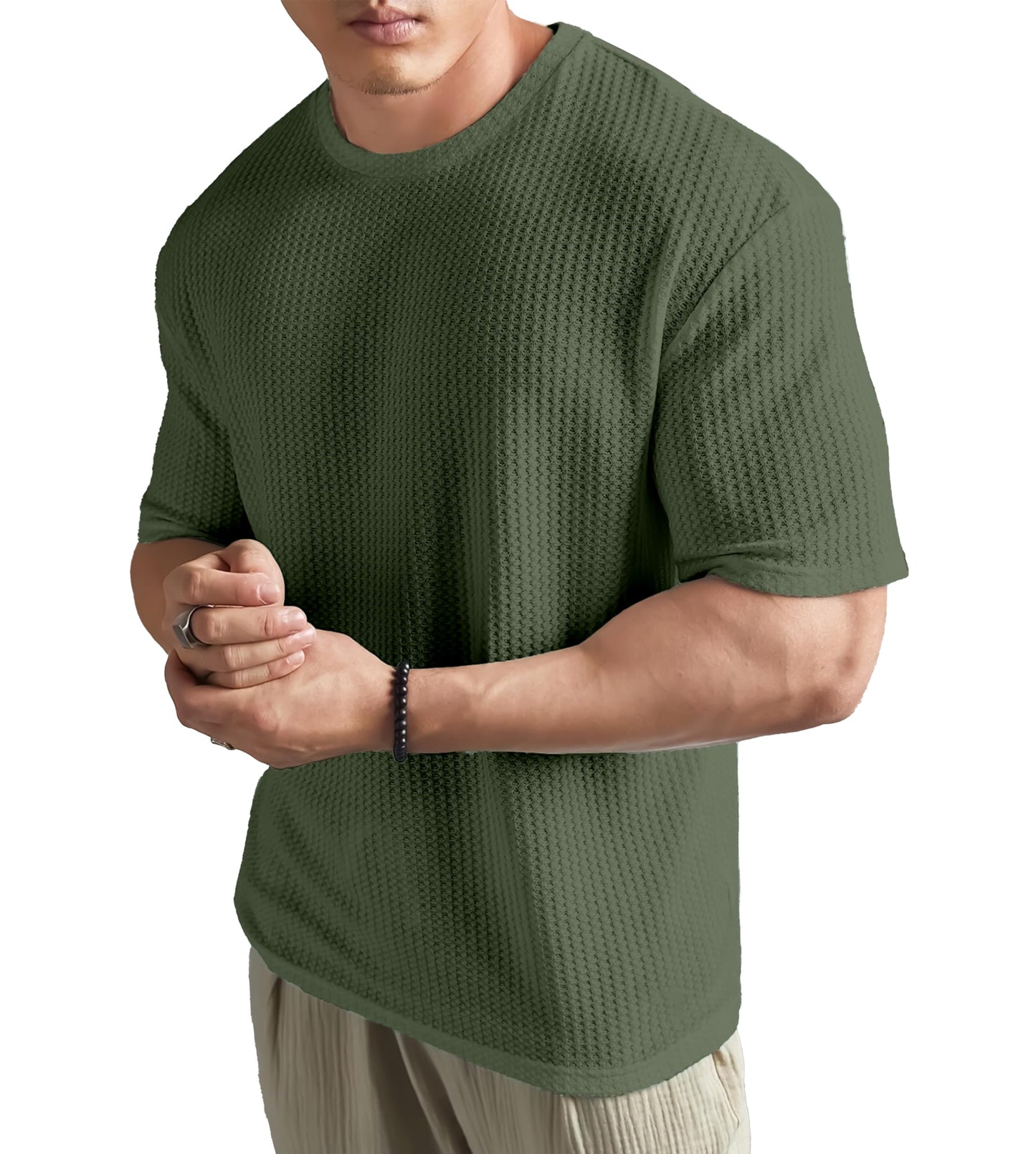 SHODOX Mens Solid Dotted Unique Design Oversized Tshirt for Men - Round Neck Loose Fit Drop Shoulder Mens T-Shirt Olive