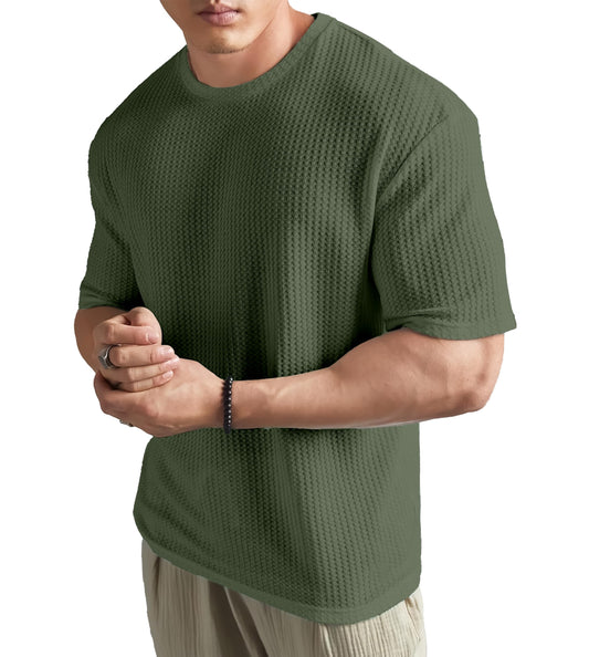 SHODOX Mens Solid Dotted Unique Design Oversized Tshirt for Men - Round Neck Loose Fit Drop Shoulder Mens T-Shirt Olive