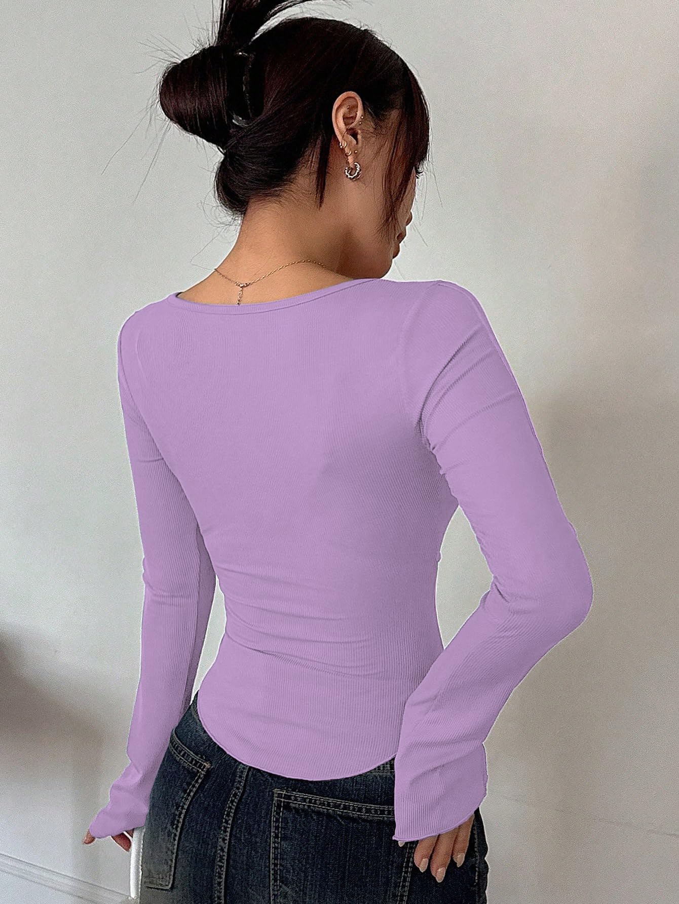Sugathari Womens Purple Solid Long Sleeve Wrap-Style Square Split Crew Neck Bodycon Women T-Shirt Spring and Summer, Minimalist