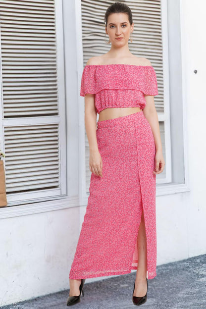 POPWINGS Casual Floral Printed Off-Shoulder Crop Top and Long Slit Skirt Set for Women | Co-Ords Set for Women Stylish Western |