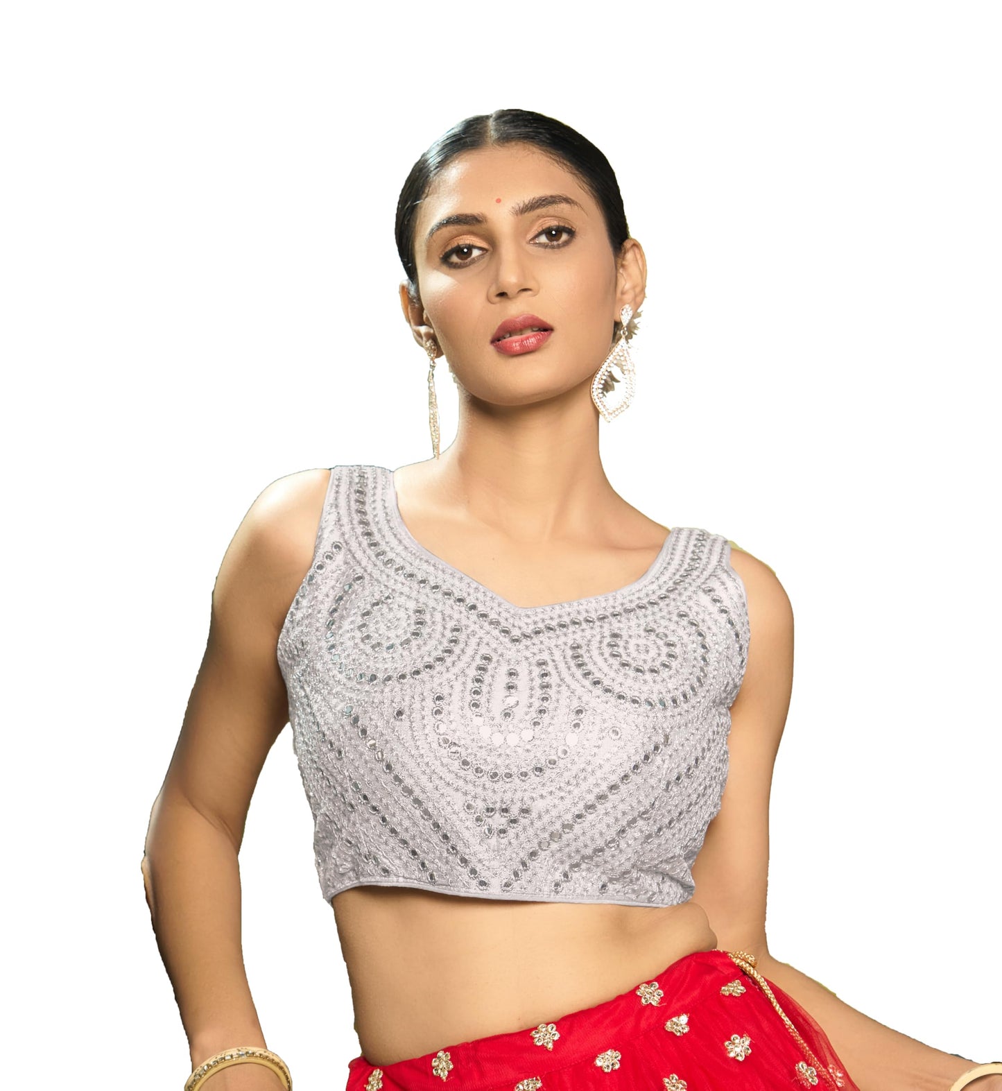 Pujia Mills Fancy WomenS Foil Mirror And Thread Zari Work Sweetheart Neck Silk Sleeveless Blouse (Pc Bindi Foil Parent) (White-