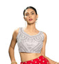 Pujia Mills Fancy WomenS Foil Mirror And Thread Zari Work Sweetheart Neck Silk Sleeveless Blouse (Pc Bindi Foil Parent) (White-