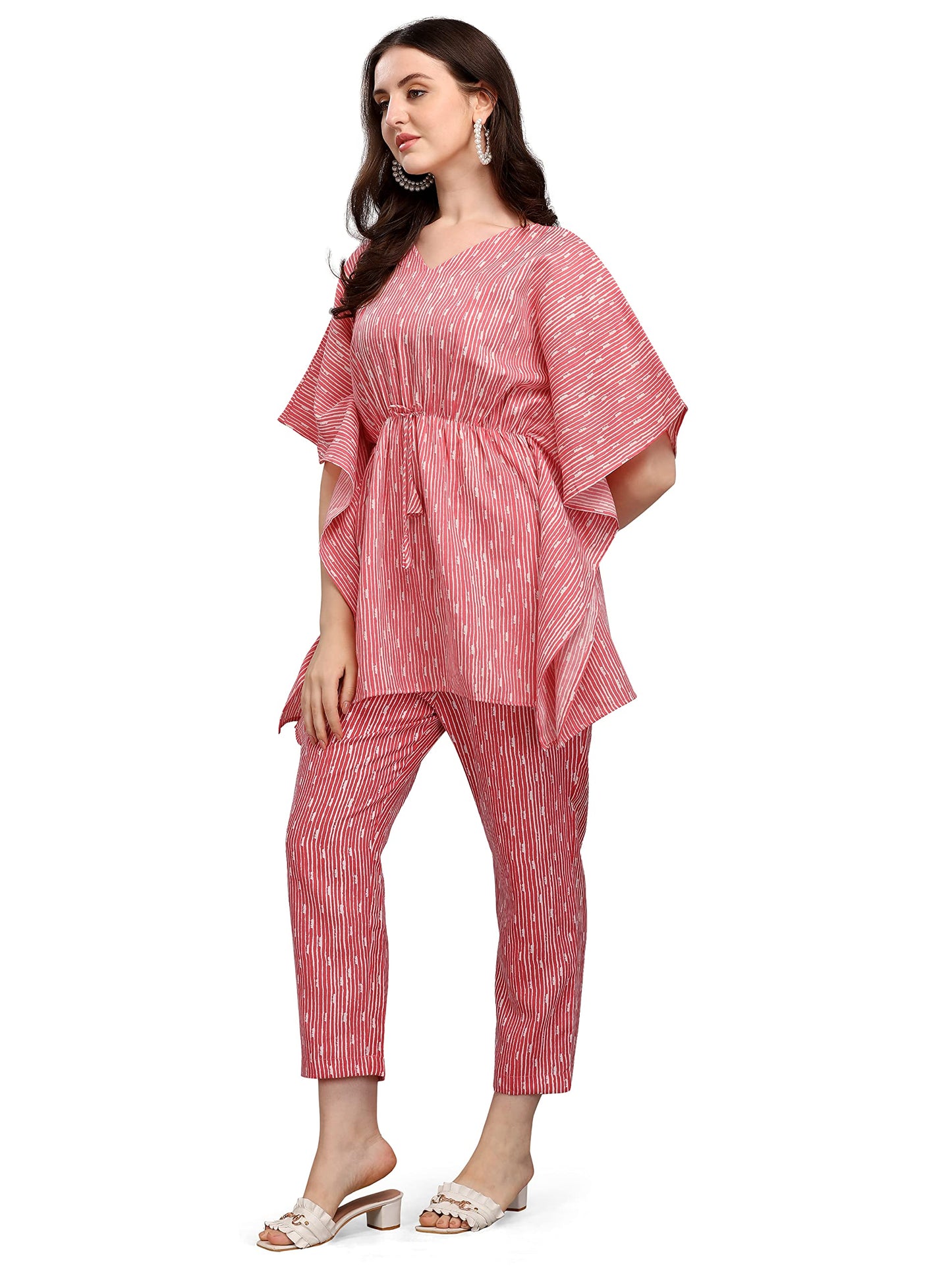NAINVISH Womens Cotton Blend Straight V-Neck Printed Kaftan Top with Pant (SD228_KB-M_Pink)