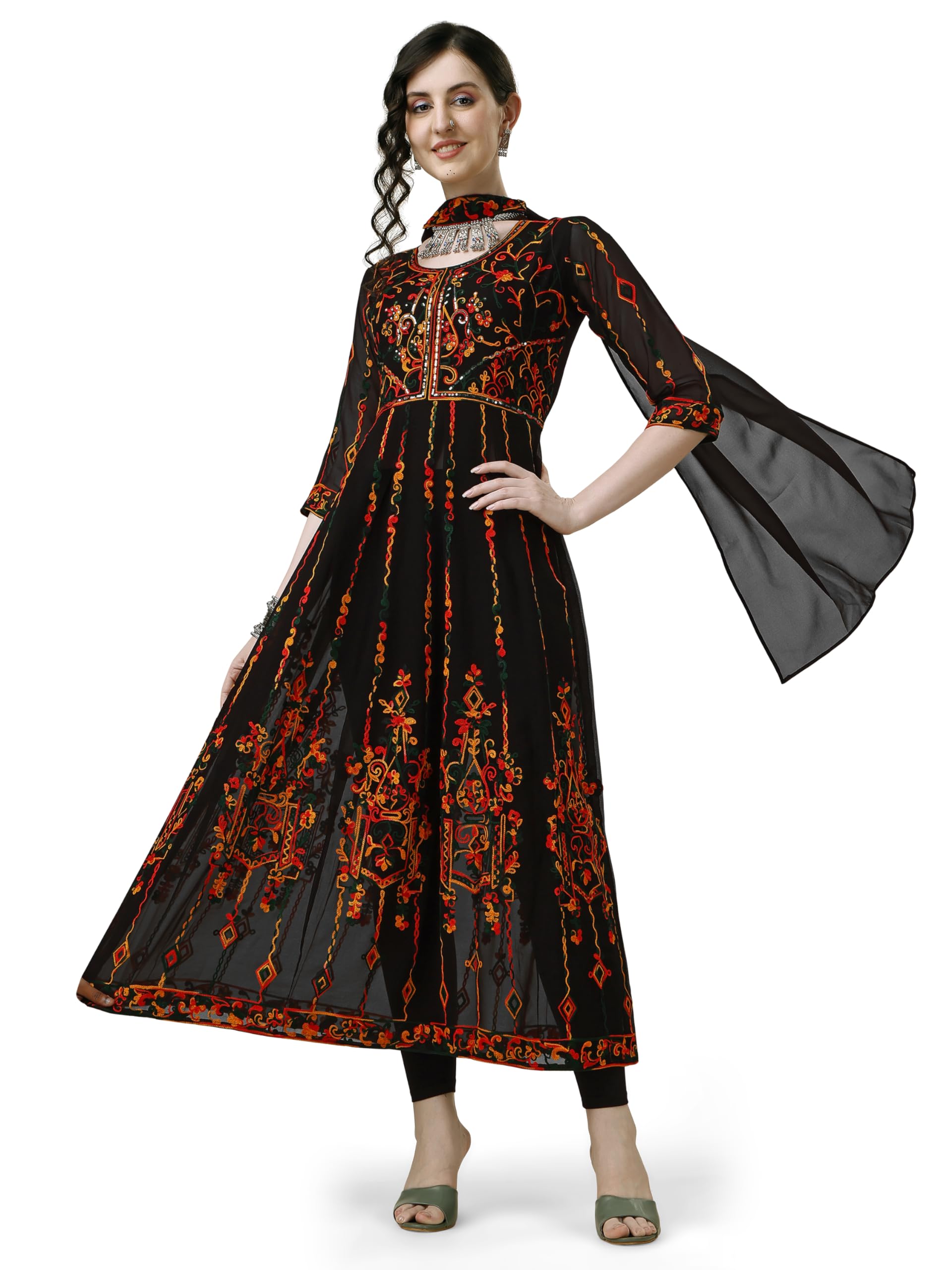 EthnicJunction Women s Georgette Embroidered and Sequence Work Anarkali Kurta and Dupatta Set Black