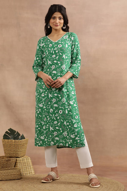 W for Woman W Women Green Floral Print Viscose Straight Kurta