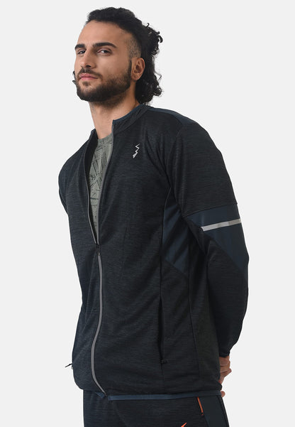 Campus Sutra Mens Solid Black Dri-Fit Zip Through Activewear Jacket Regular Fit for Casual Wear, Structured Jacket Crafted with