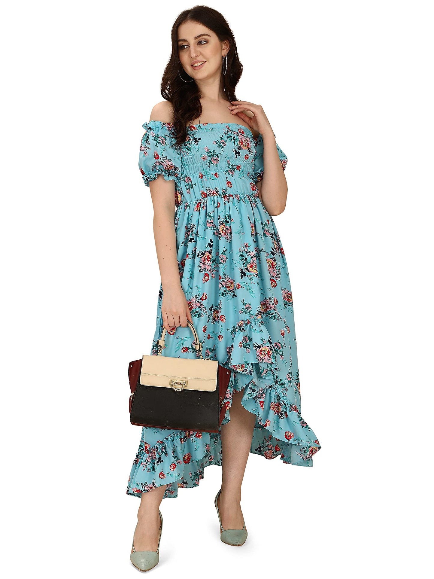Oomph! Flared Dress For Women Stylish | Long One Piece For Women | Off Shoulder Puff Sleeve Long Dress | Floral Print Maxi One P