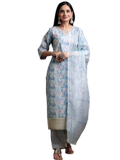 Libas Womens Embroidered Cotton Blend Straight Kurta With Palazzos And Dupatta