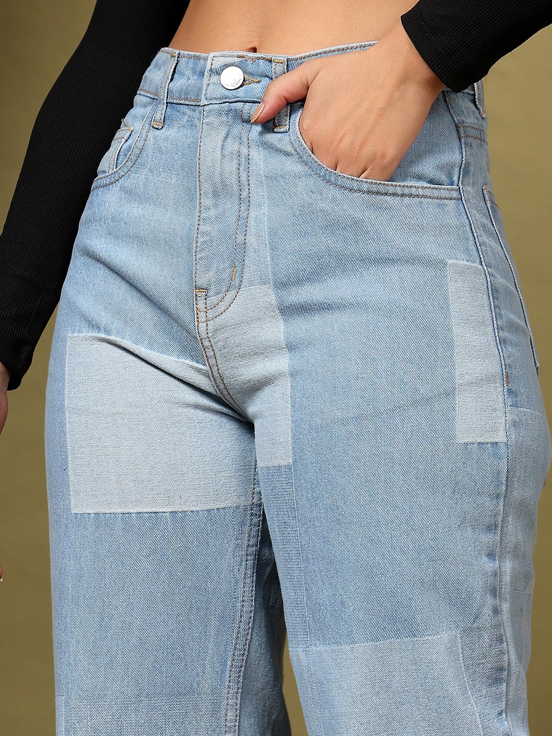 Kotty WomenS Checkered Pure Cotton Wide Leg Jeans(Blue,32)