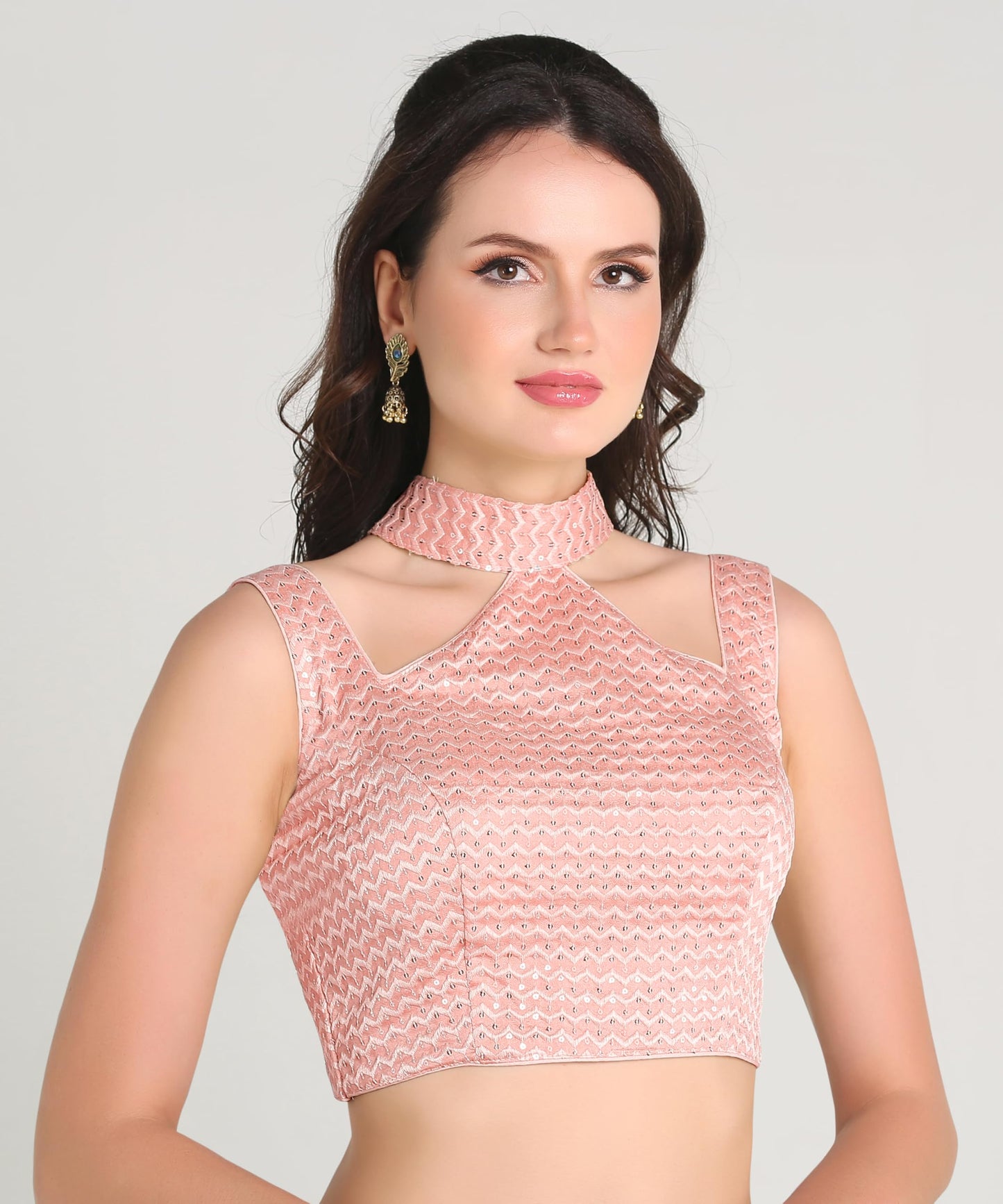 Pujia Mills WomanS Readymade Sleeveless Peach Blouse Halter Neck With String Pattern Backless Ethnic Wear Pattern Choli Blouse