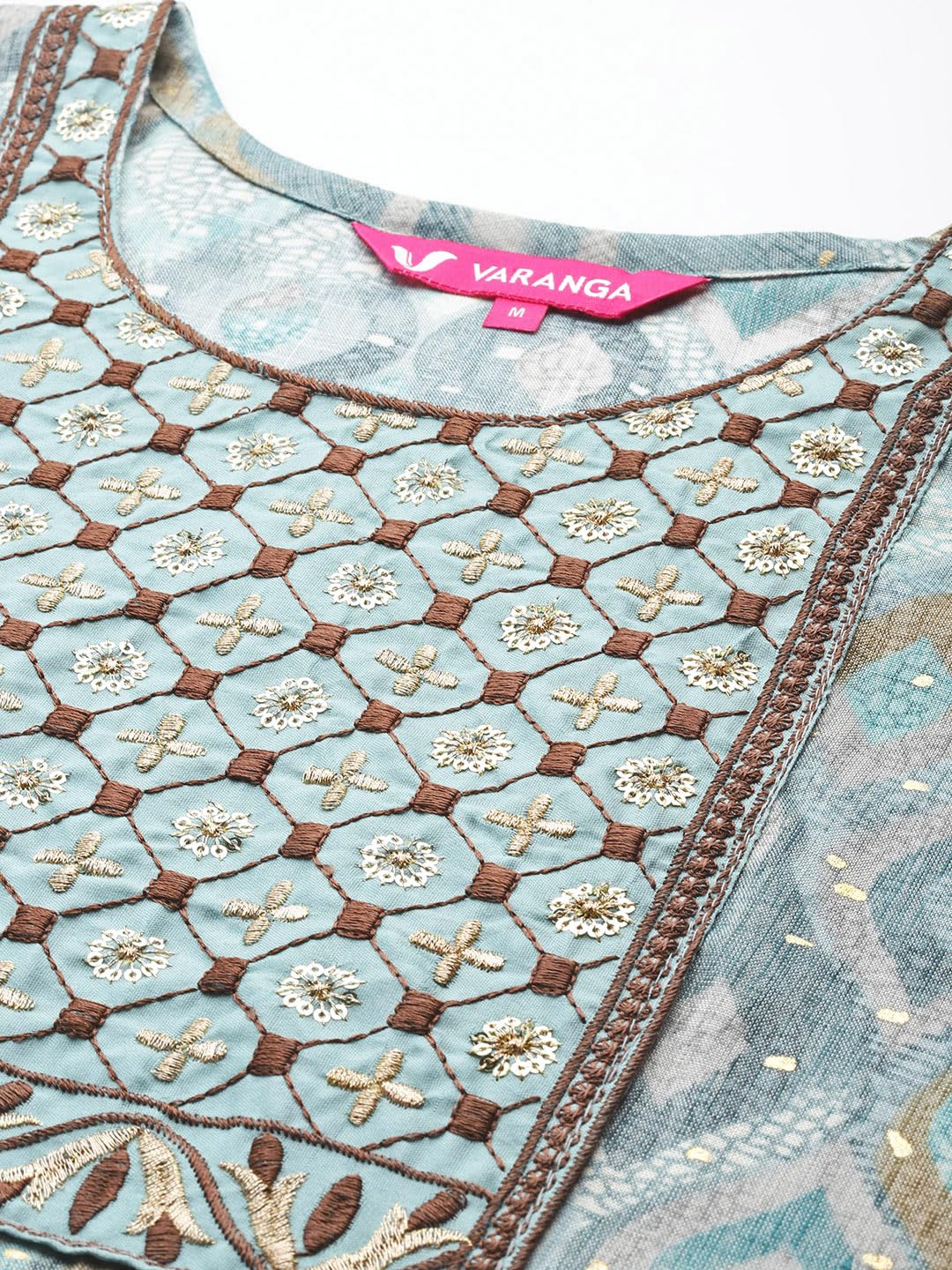 VARANGA Women Turquiose Blue Round Neck Embroidered Yoke Printed Kurta Paired With Printed Bottom & Tie-Dye Dupatta