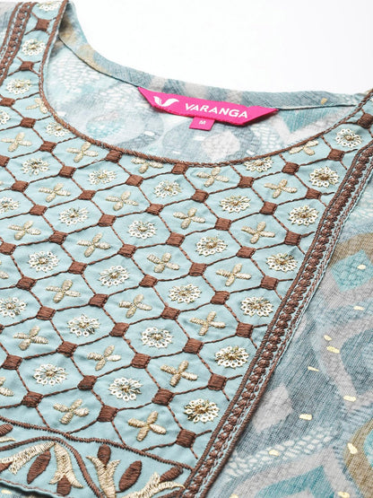 VARANGA Women Turquiose Blue Round Neck Embroidered Yoke Printed Kurta Paired With Printed Bottom & Tie-Dye Dupatta