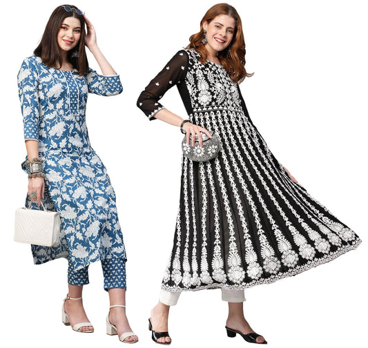 GoSriKi Women Kurti & Kurti Pant Set Combo Pack of 2