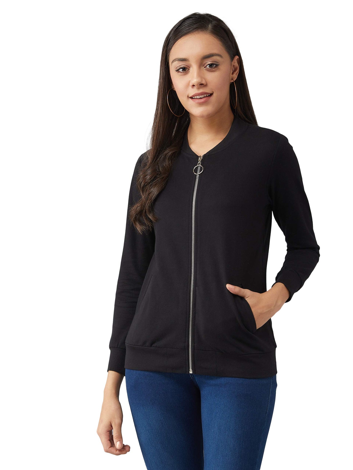 Dolce Crudo Womens Black V-Neck Full Sleeves Cotton Solid Front Opening Bomber Jacket with Pockets (DOAW20JKT99-06-62_Black_XS)