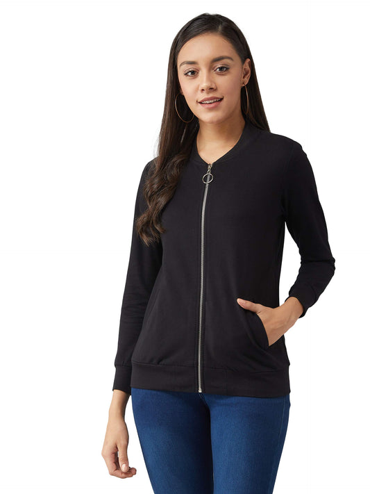 Dolce Crudo Womens Black V-Neck Full Sleeves Cotton Solid Front Opening Bomber Jacket with Pockets (DOAW20JKT99-06-62_Black_XS)
