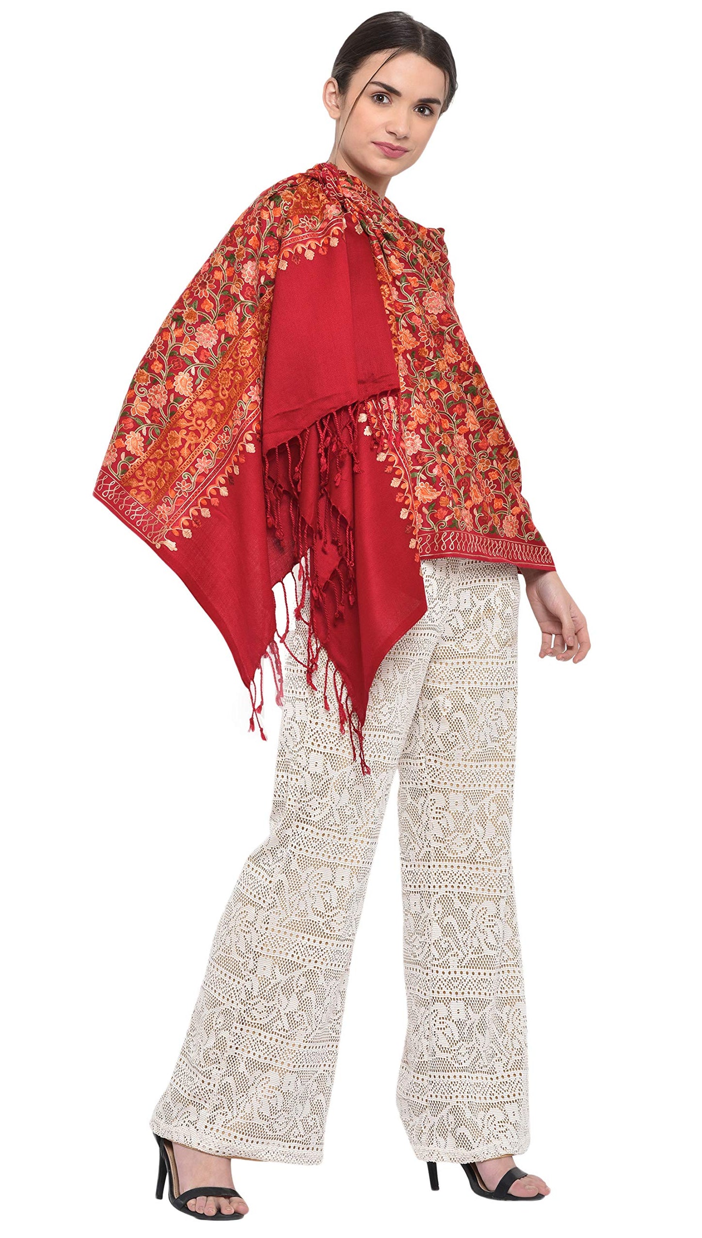 Weavers Villa Womens Kashmiri Aari Embroided Cashmilon Woven Stoles, Shawls, Wraps, 75cm X 200cm