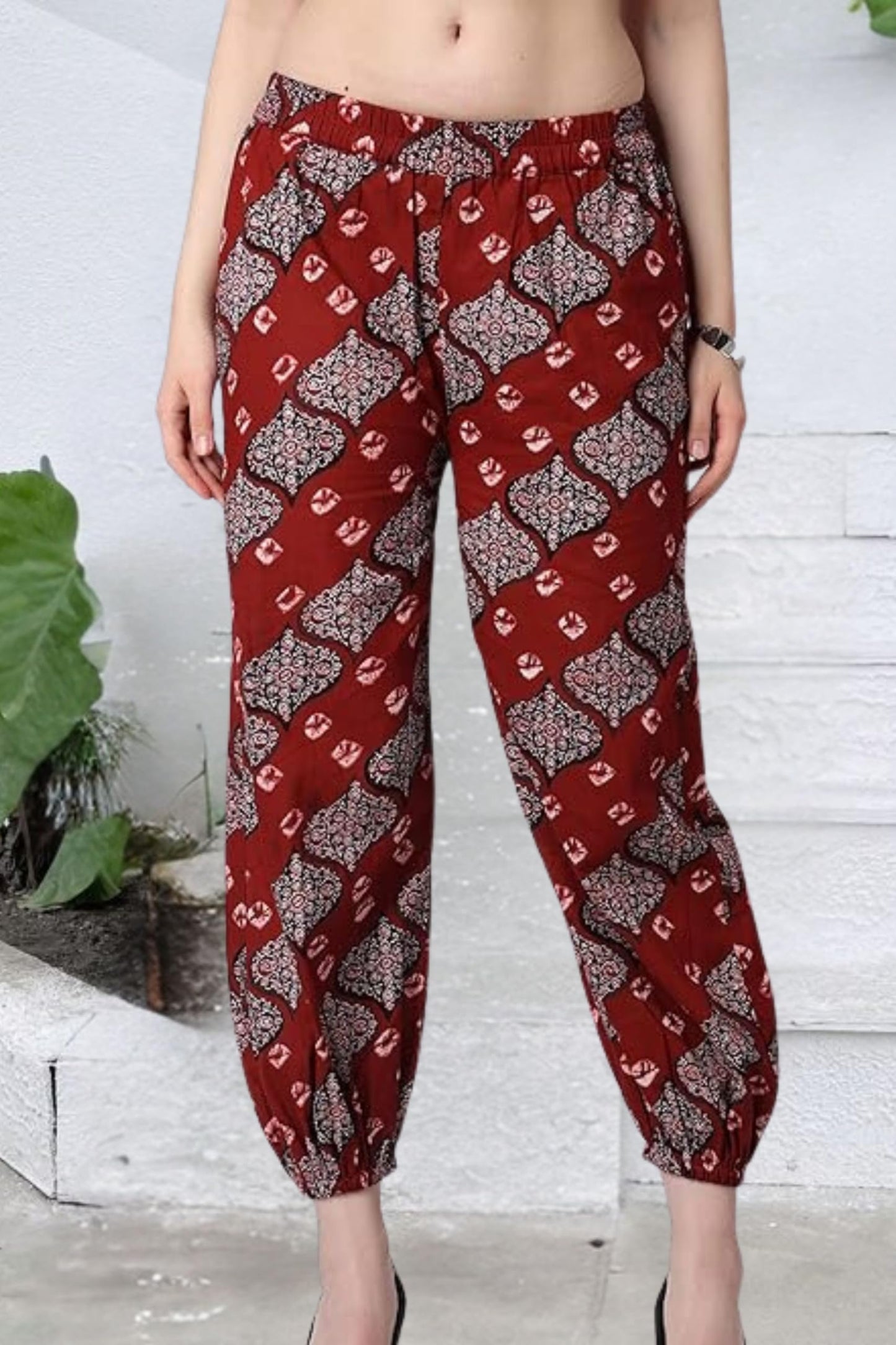POPWINGS Casual Bagru Printed Cotton Joggers for Women - Latest Stylish Western Summer Pants - Pull-On Maroon